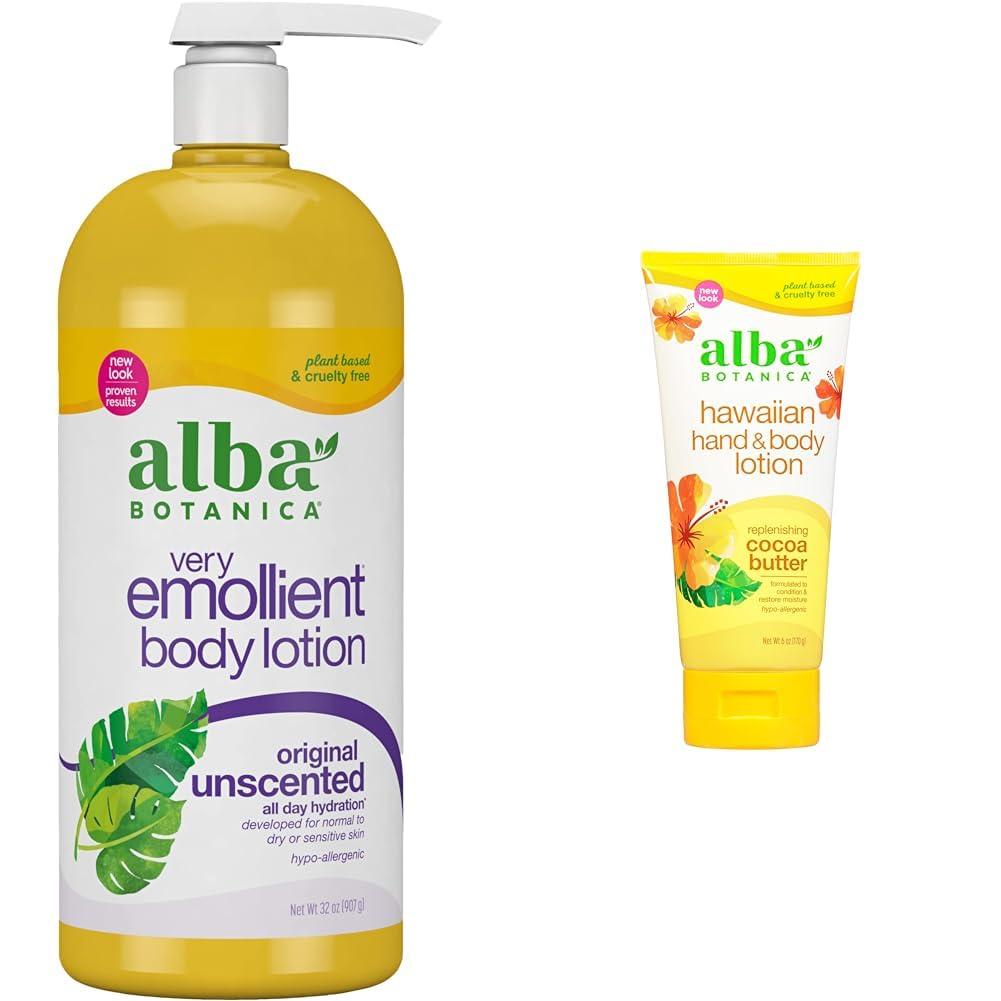 Alba Botanica Alba Botanica Very Emollient Body Lotion, Unscented 32 Oz and Hawaiian Hand & Body Lotion, Cocoa Butter 6 Oz Bundle