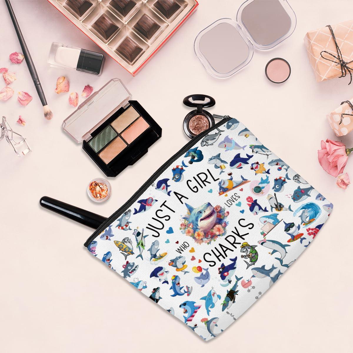 EIXU A Girl Loves Sharks Shark Gifts Shark Stuff Shark Decor Cosmetic Bag Nurse Thanksgiving Graduation Christmas Birthday Makeup Bag Funny Friendship Gifts for Women Friend Teen Girls Sister Shark Lovers