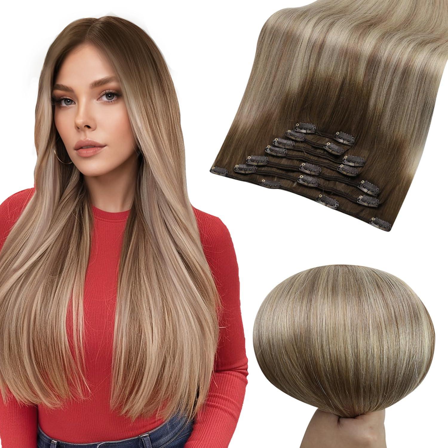 Full Shine Full Shine Balayage Brown Human Hair Clip in Extensions 20 inch Dark Brown to Light Brown Mix Blonde Balayage Clip in Hair Extensions Straight Real Hair Extensions Double Weft 7pcs/120g