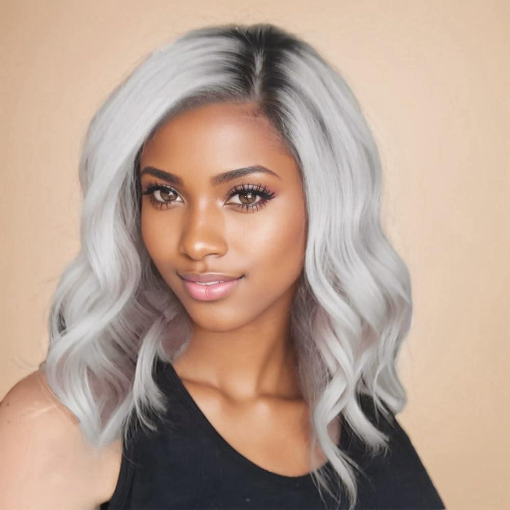 FENJUN HAIR FENJUN HAIR Ombre Silver Grey Wig Human Hair Dark Roots Wet and Wavy Lace Front Wigs for Black Women Body Wave Ash Blonde Wig Glueless Pre plucked Ombre Gray Wigs for White Women 150% Density 14 Inch