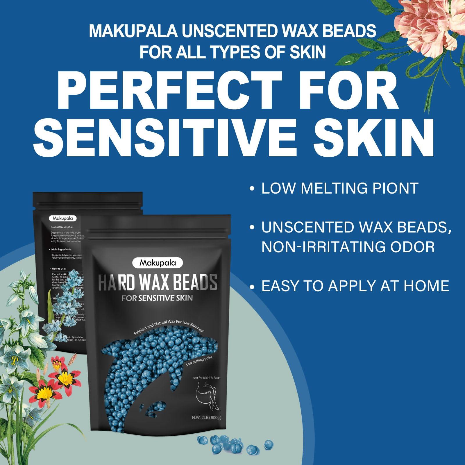Makupala 2lb Blue Hard Wax Beads for Sensitive Skin and 2.4lb Unscented Stripless Wax Beans for Bikini Cream