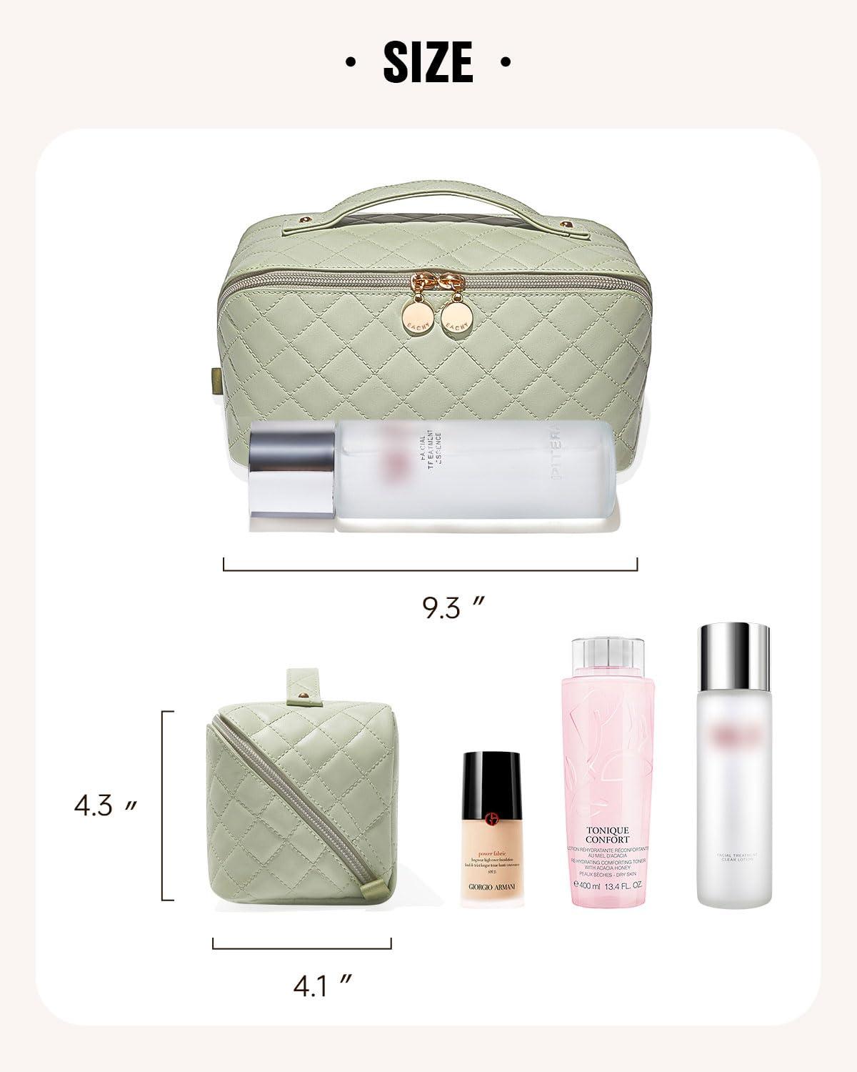 EACHY EACHY Travel Makeup Bag, Large Capacity Cosmetic Bags for Women, Waterproof Portable Open Flat Toiletry Bag Make up Bag with Divider and Handle, Gifts for Women (F-Green, Medium)