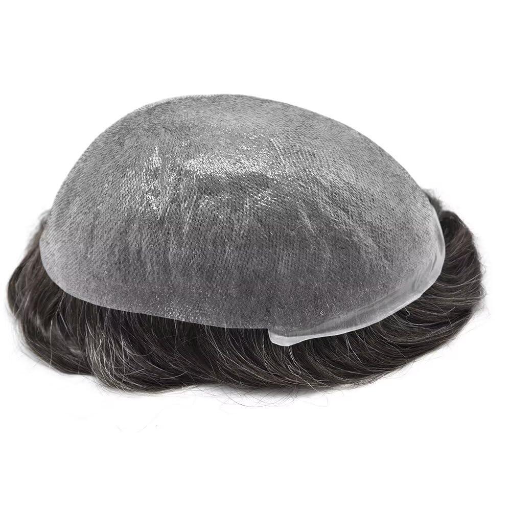 JUST HAIR Super Thin Skin Mens Toupee 0.03mm Ultra Thin PU Toupee for Men Hair System V-Looped Mens Hairpiece Natural Hairline Prosthesis Human Hair Replacement 8X10\"-100% density#220 Darkest Brown+20% Gray