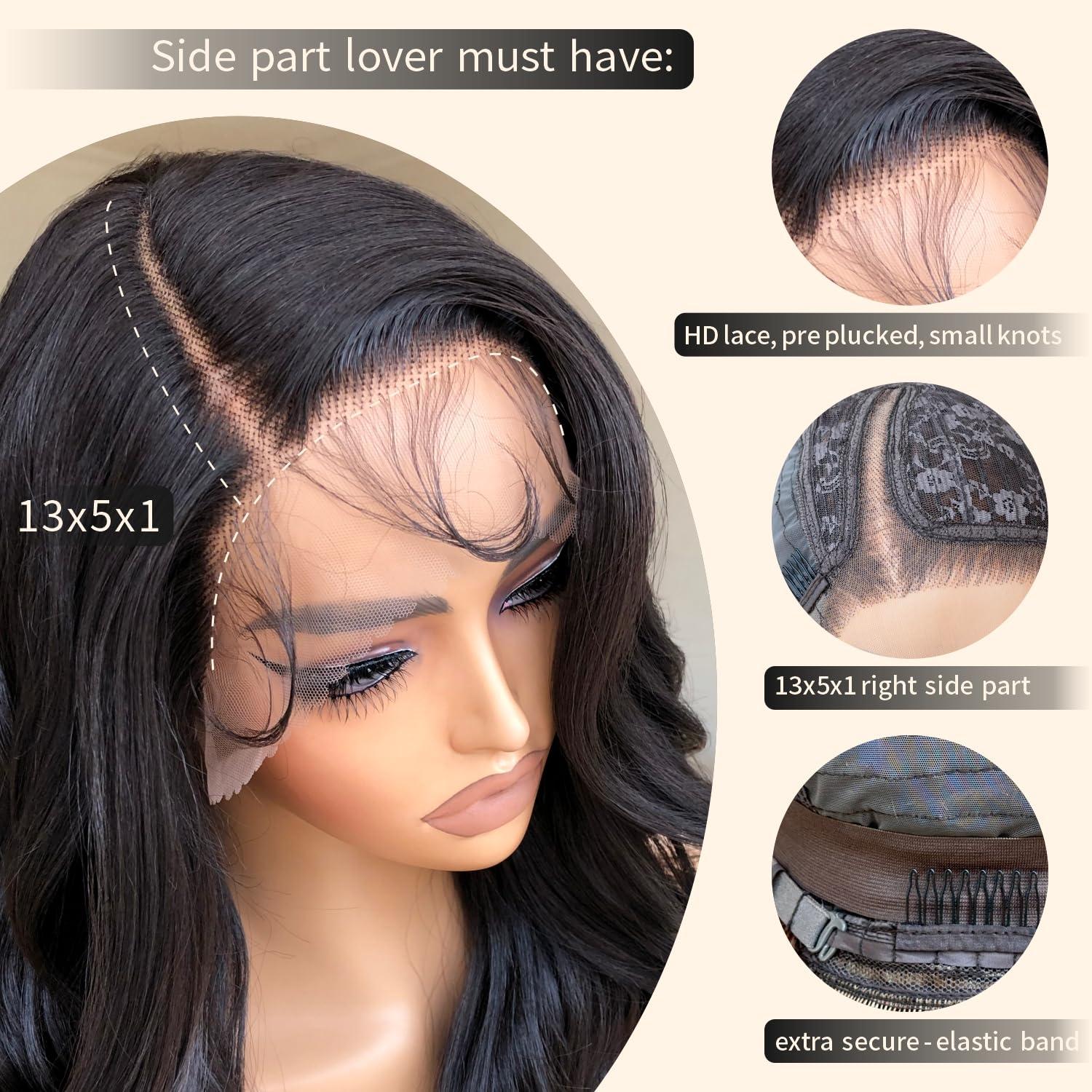 BrownBomb BrownBomb Bombshell Body Wave Wig, Synthetic Lace Front Wig Pre Plucked Glueless Ready to Wear, 13X5X1 Side Part HD Lace Wigs for Women 24inch, 1B Jet Black Wig Human Hair Luster