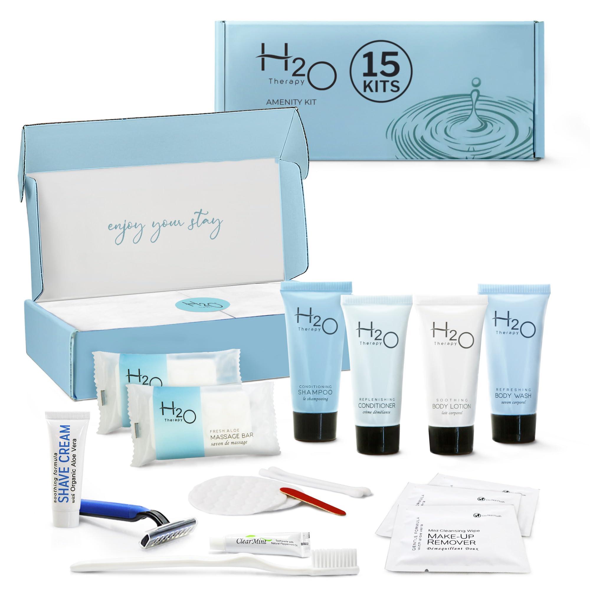 H2O Therapy H2O Therapy Amenity & Accessory Kit | 0.85 oz Travel Size Shampoo, Conditioner, Lotion, Body Wash, Massage Bar, Cleansing Bar, Shave & Dental Sets, Make-Up Remover Wipes, & Vanity Kit | 15 sets/case
