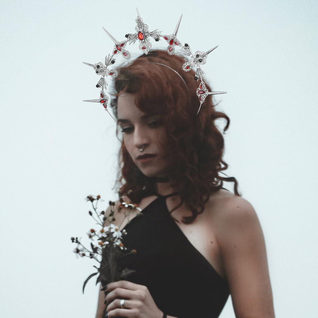 Formery Formery Spiked Halo Crown Silver Rhinestones Spider Halo Headpiece Halloween Festival Photo-shoot Crow Cross Halo Headband for Women and Girls