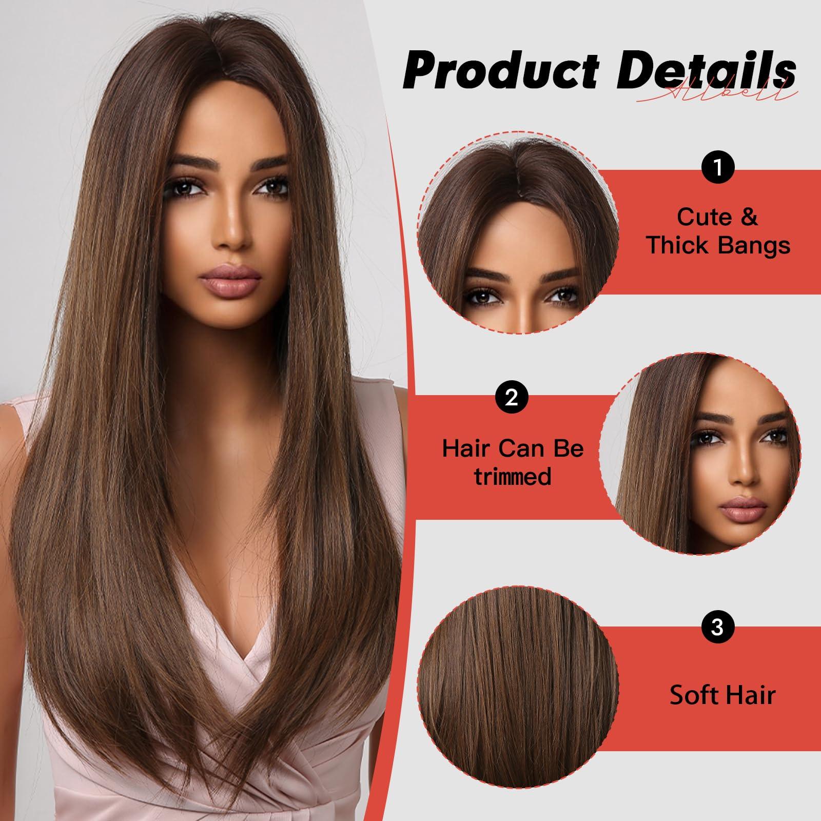 Allbell Allbell Brown Wigs for Women Long Straight Wig Layered Brown Hair Wig 24Inch Middle Part Dark Brown Wig Natural Heat Resistant Synthetic Fiber Wig for Party Halloween