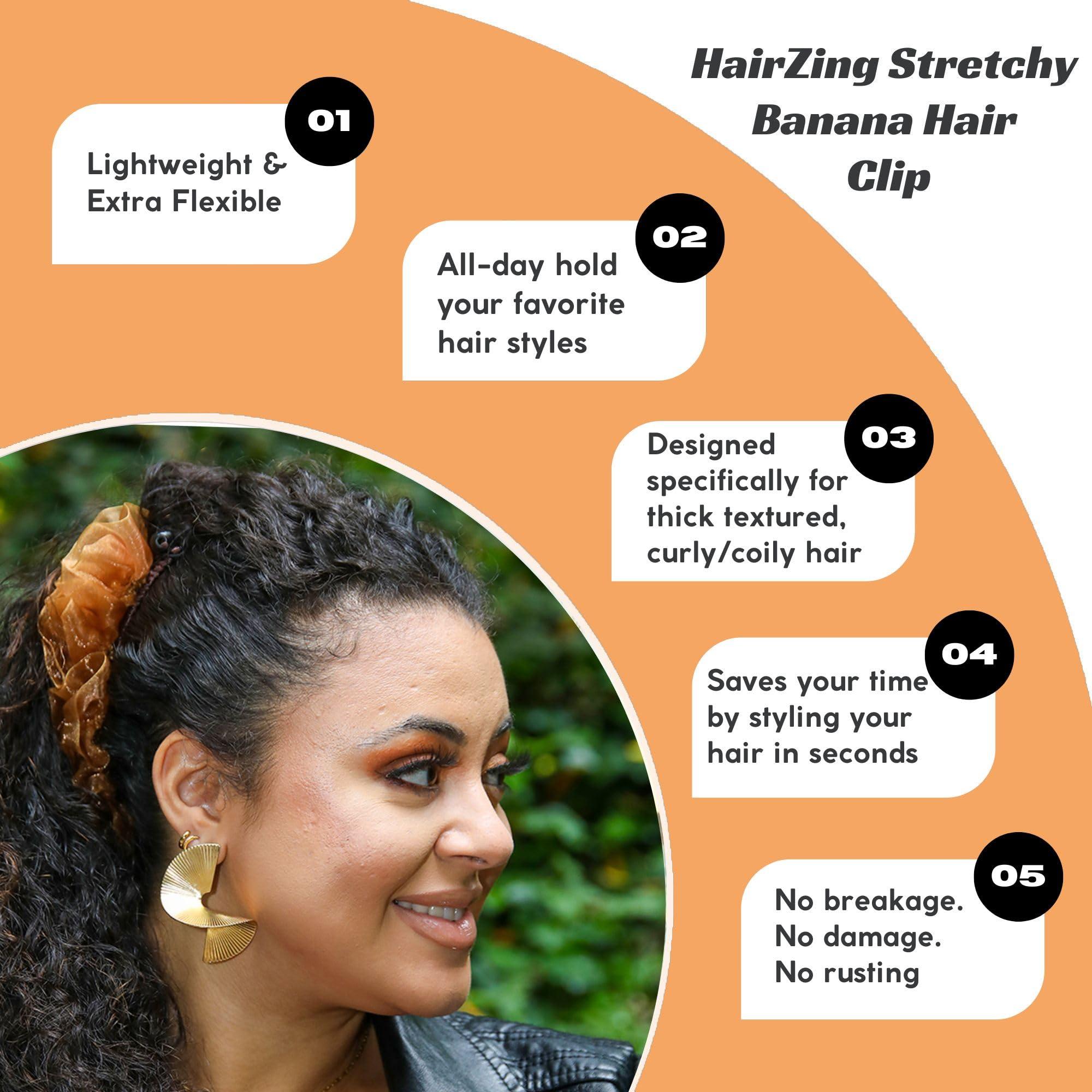 HairZing Stretch Banana Clip for Fine Thin, Thick Curly Hair Women, Elastic Double Combs Make Great Hair Accessories for Kinky, Curly Ponytail, Mohawk, Bun (Medium, Golden)