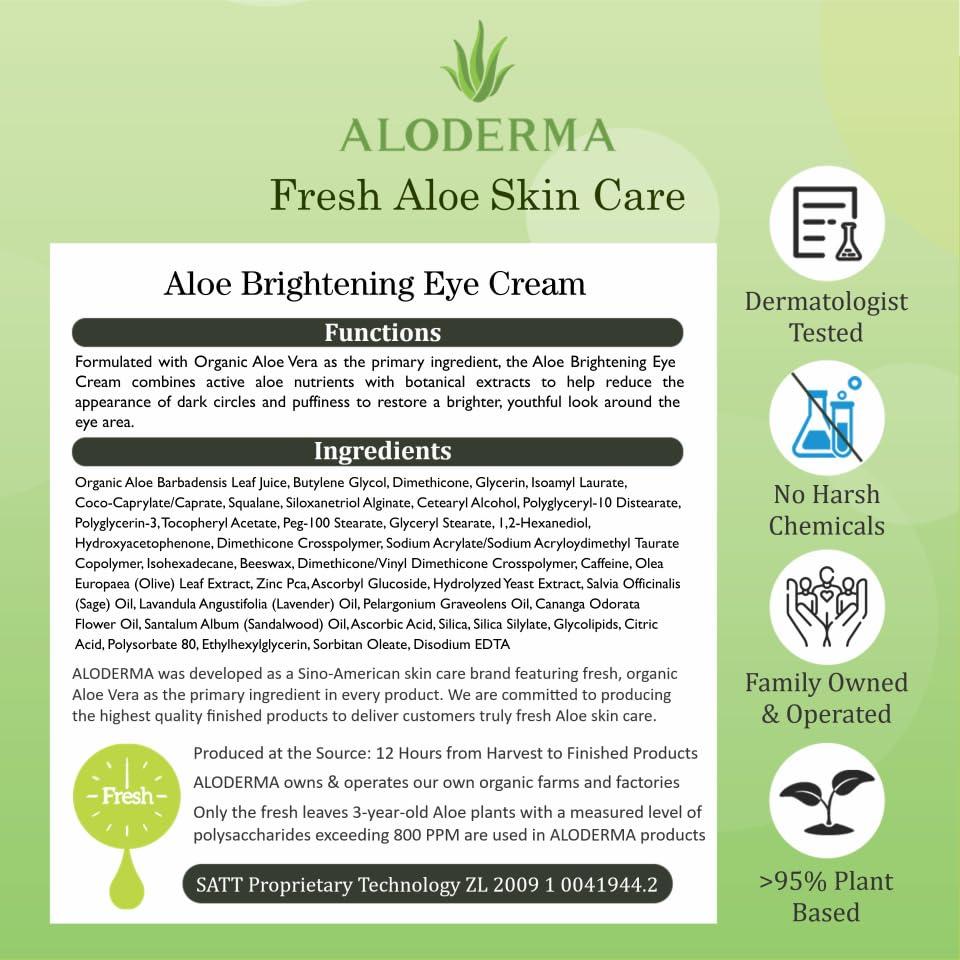 Aloderma Aloderma Brightening Eye Cream with Organic Aloe Vera - Hydrating Effect for Dark Circles & Puffiness with Caffeine & Sage Oil - Day & Night Eye Care Cream for Puffy Eyes & Fine Lines, 25g/0.9oz