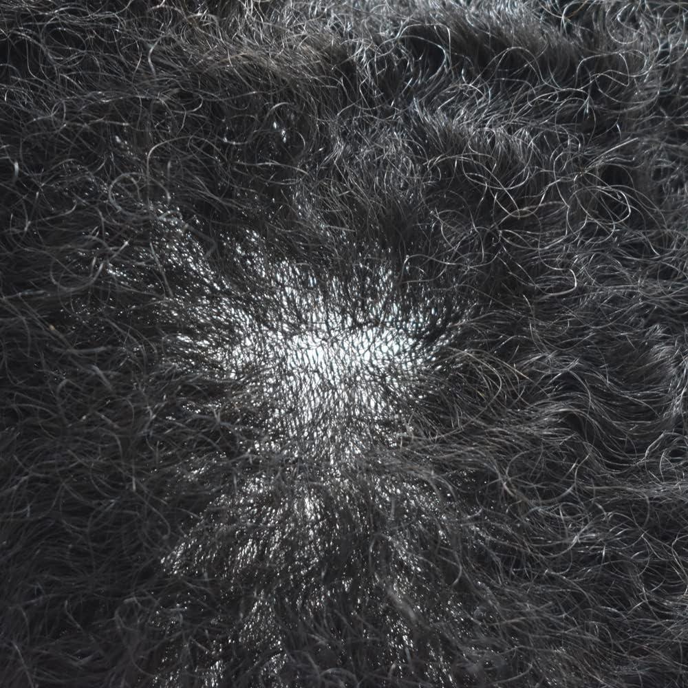 Hair Wonders Afro Toupee for Black Men Soft Full Poly African American Men Toupee Kinky Curly Brazilian Human Hair Pieces Man Weave Hair Unit Black Men 8x10 inch Hair Units for Black Men 1# JET BLACK 12mm wave
