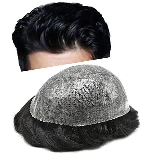 LHC Mens Toupee Full Poly Injection Pu Human Hair System for Men Natural Hairline Hair Unit Replacement Wig (#1 Jet Black)