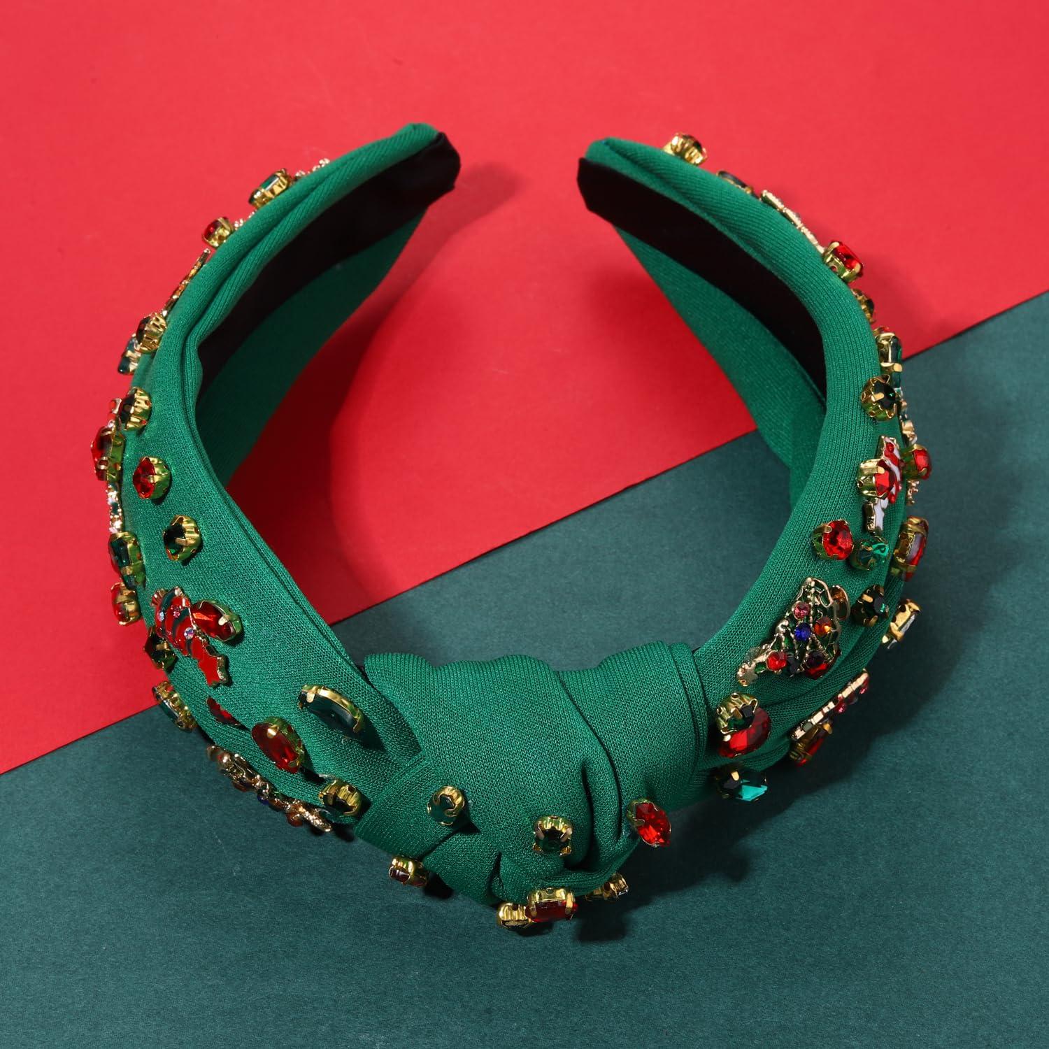 JERTOCLE JERTOCLE Christmas Headband Xmas Headband for Women Christmas Tree Headband Crystal Knotted Headband Holiday Party Headwear Hair Accessories Gift (Green Xmas Tree2)