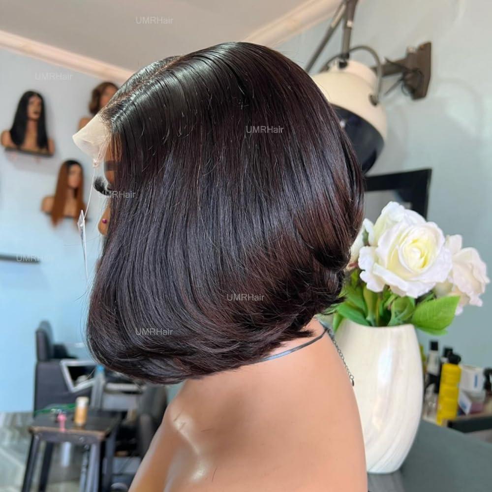 UMRHair Layered Haircut Face Framing Frontal Wigs for Women 13X6 Deep Part Short Cut Bob Wig Human Hair 13x6 Frontal Lace Glueless Wig Natural Black 8inch 130Density