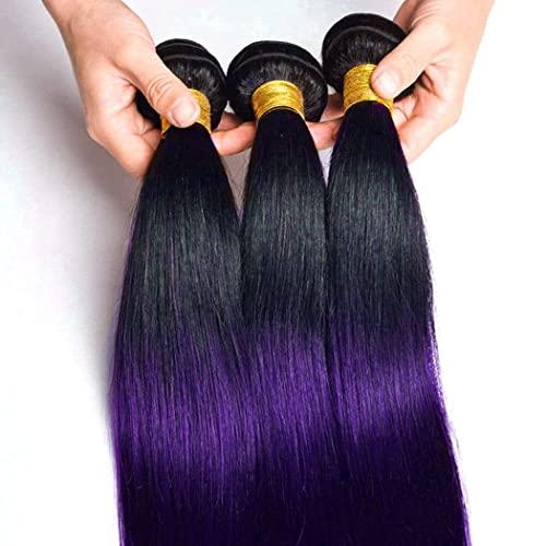 muaowig Purple Human Hair Bundles Ombre Hair Bundles Tow Tone Black to Purple Hair Extensions For Women Brazilian Remy Hair Bundles Purple Bundle 26 28 30 inch