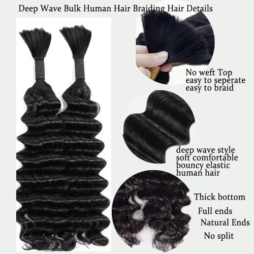 VANTELUVE Deep Wave Bulk Human Hair for Braiding 18 inches Deep Bulk Human Hair for Braiding no Weft 95g 2 Bundles Virgin Human Hair Extensions Bulk Curly Human Hair for Boho Braids Natural Black