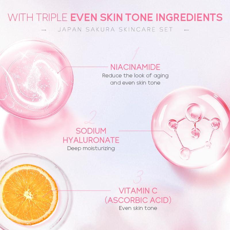 OFOBC Travel Skincare Set for Women and Teens, Facial Skin Care Gift Set with Vitamin C & Cherry Blossom, Gentle Skin Cleaning & Care Set | Cleanser Toner Serum Eye Cream Face Cream (5PCS)