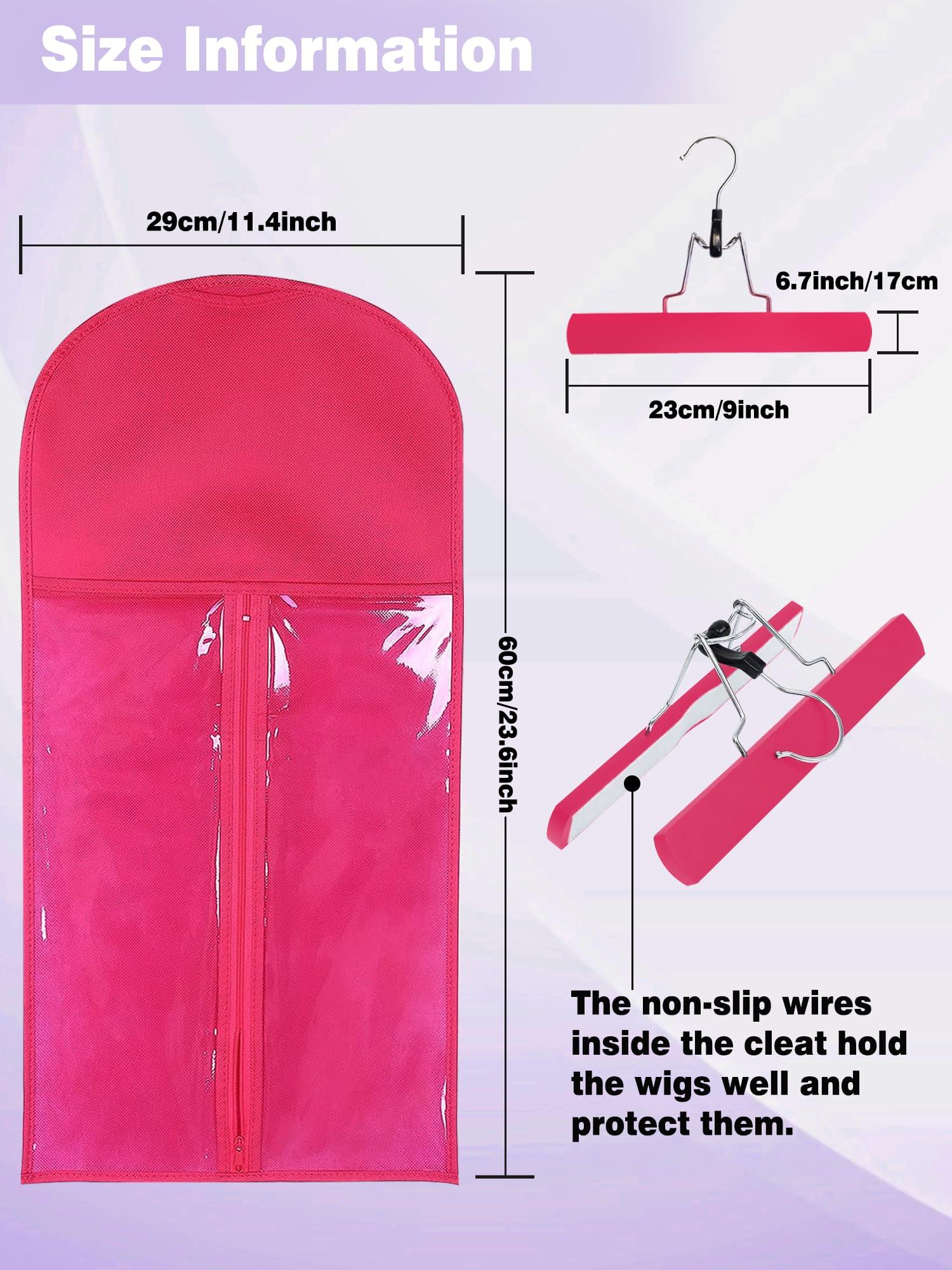 Whtawtaw 3 Pcs Hair Wig Extension Storage Bag, Hair Extensions Holder with Hanger, 11.4 * 23.6 inches, Portable Wig Bags Storage with Transparent Zipper Closure (Rose)
