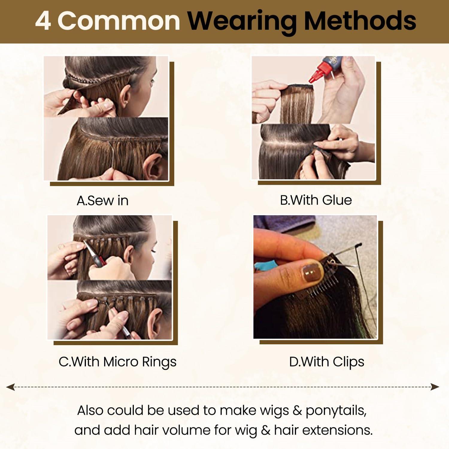 Benafee Sew in Hair Extensions Human Hair 14” Double Weft Sew in Weft Hair Extensions Dark Brown to Bleach Blonde Human Hair Weave Bundles Hand Tied Weft Hair Extensions Human Hair Sew in Hair Extensions