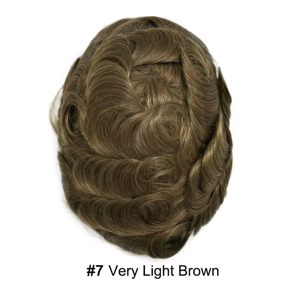 SINGA HAIR Mens Toupee Human Hair System Replacement Transparent French Lace Toupee for Men Hairpieces Very Light Brown Men's Hair Piece Unit 7''X9'' #7 120% Medium Light to Medium Density