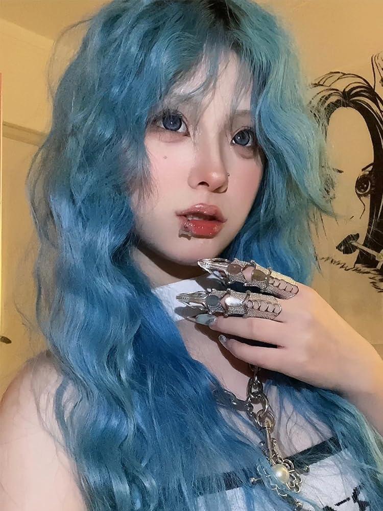 huafan luxkazya huafan luxkazya Blue Wig Long Curly Wig with Bangs Lolita Wig Long Wavy Synthetic Wig for Women Daily Party Use