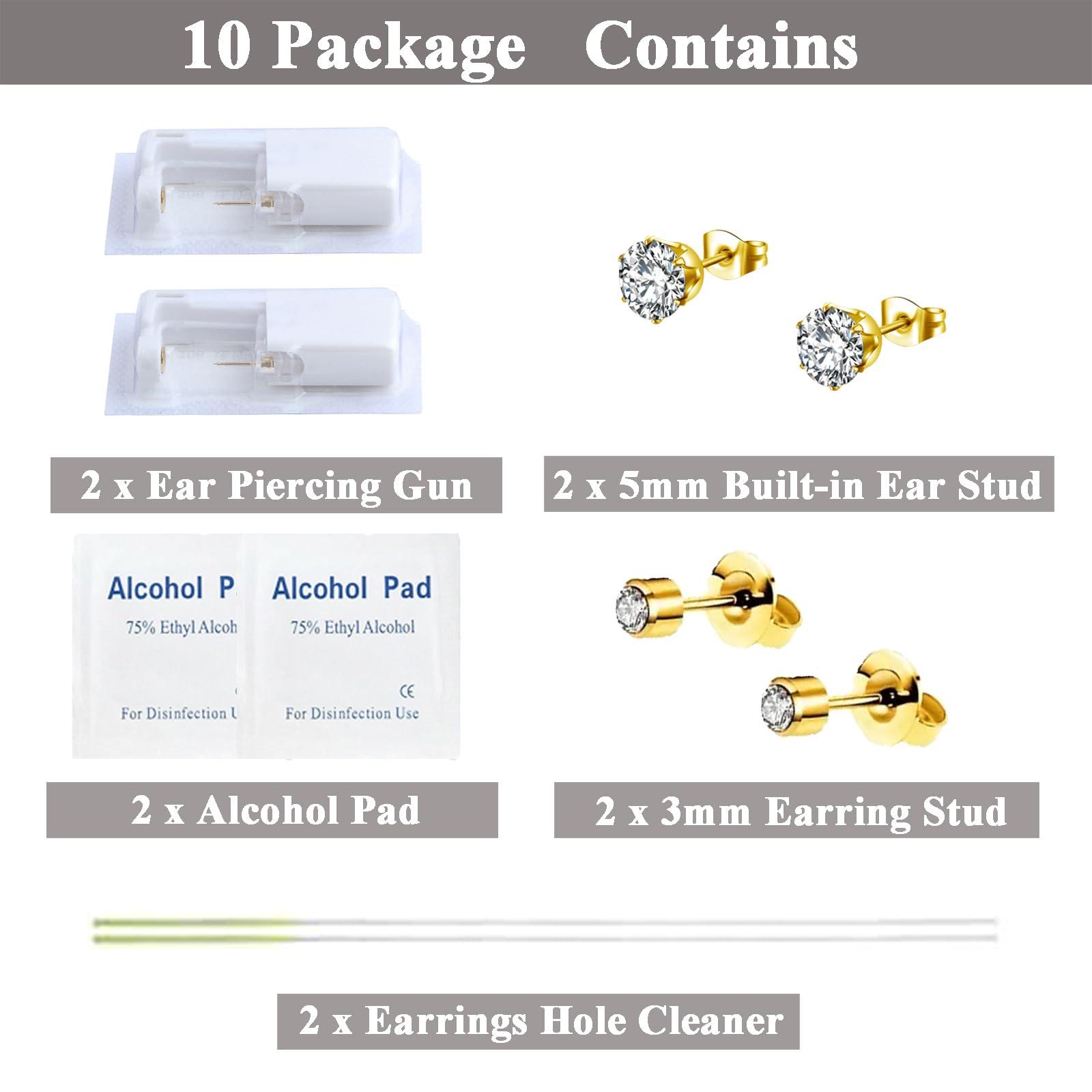 Vessantara Ear Piercing Kit-10 PCS Disposable Self Ear Piercing Gun Cartilage Surface Tragus Piercing Tools with Golden Earrings Stud Ear Hole Cleaners