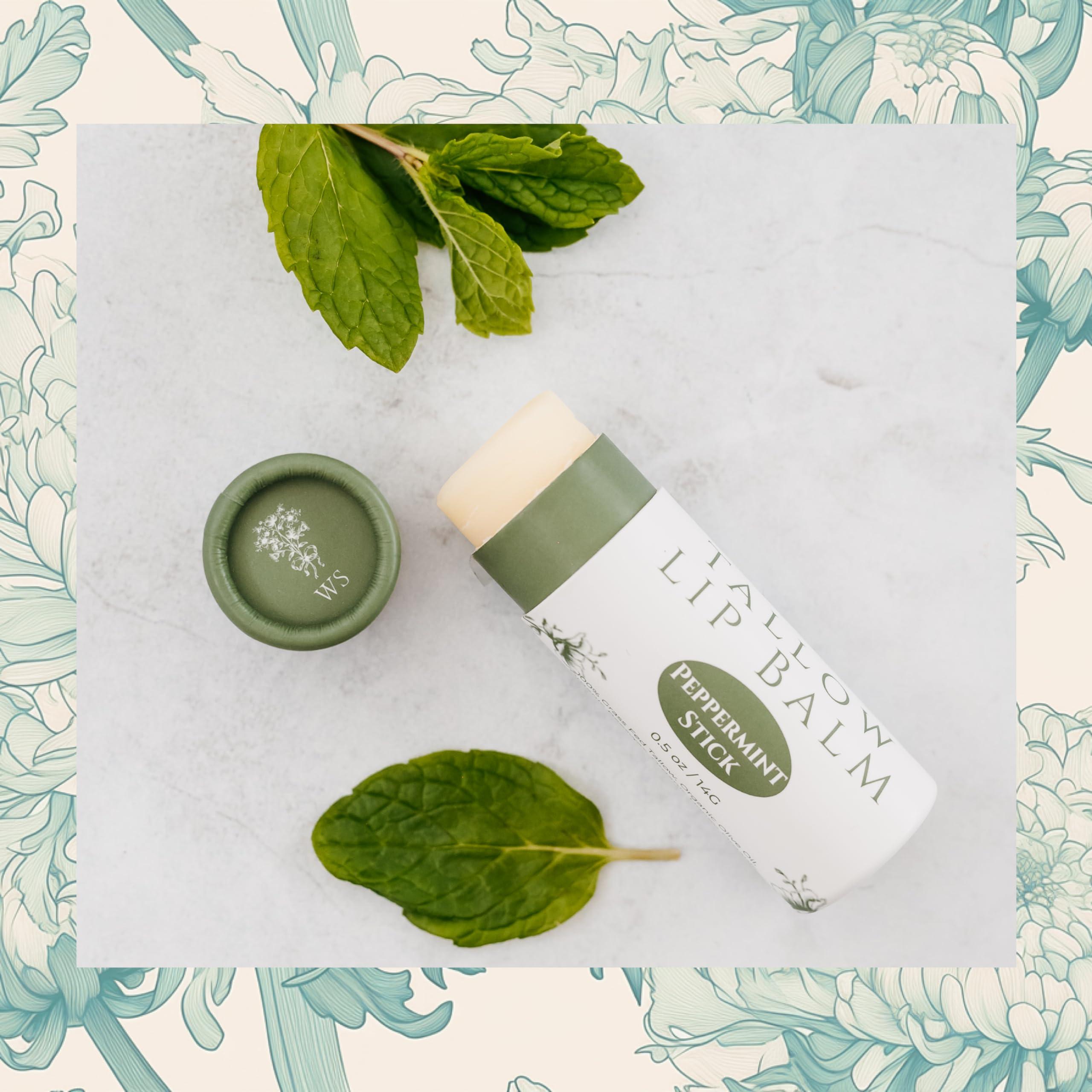 White Sparrow Farmacy Organic Tallow Lip Balm (Peppermint) from Grass Fed Cows. Super hydrating with Tallow, Olive Oil, Honey, and Beeswax. Sustainable Cardboard Tubes & Hand Filled. Jumbo Size 0.5 oz.