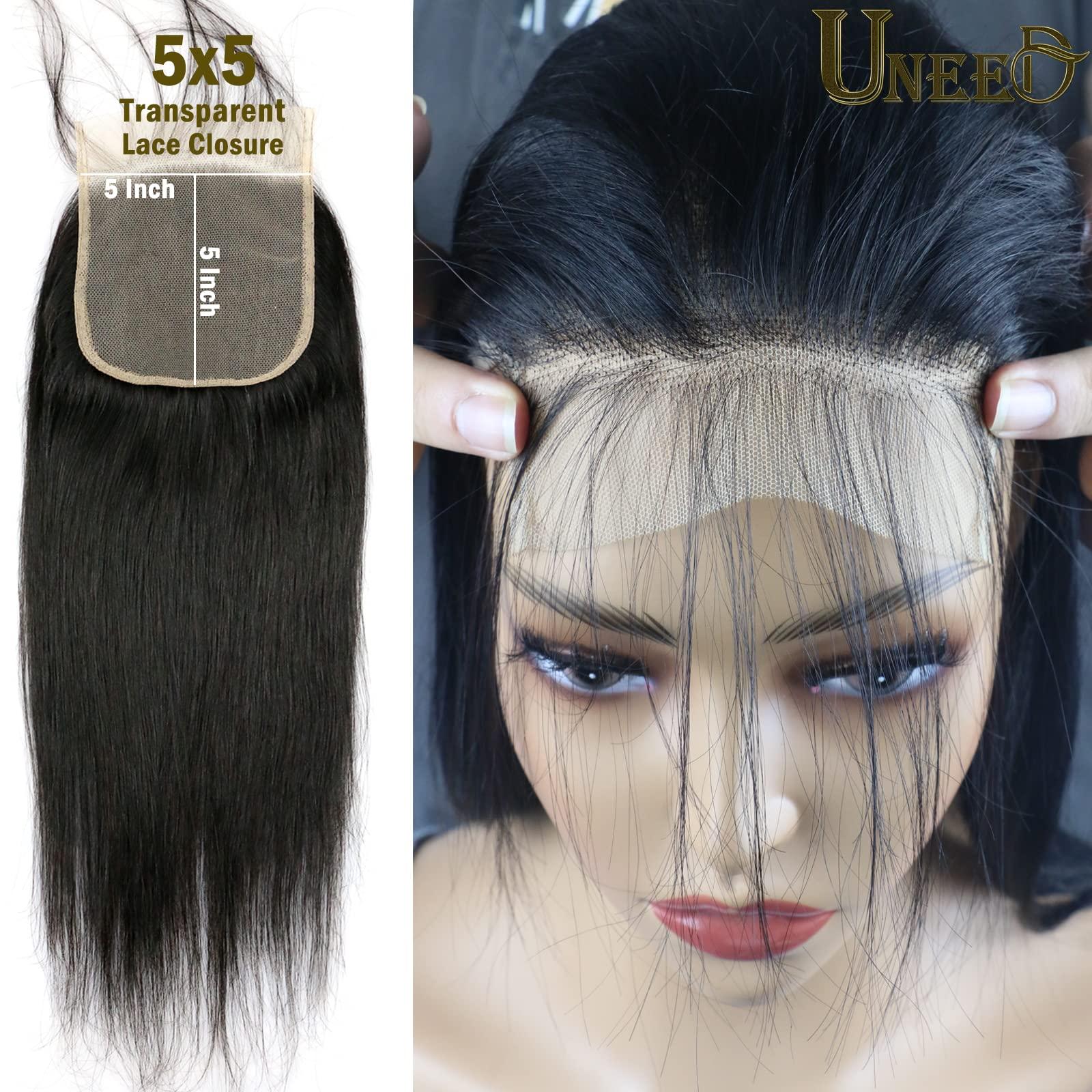 UNEED UNEED 5x5 Closure Straight Closure Invisible Ultra-thin HD Lace Closure Free Part 12A Brazilian Virgin Human Hair Frontal Closure Pre Plucked with Baby Hair Natural Black (12 Inch)