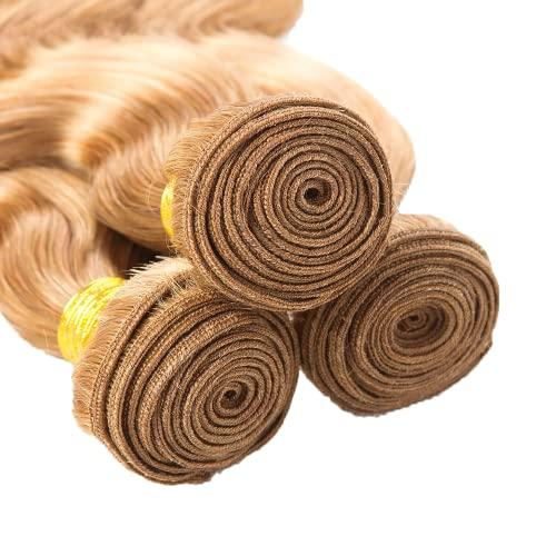 YOUNGHANN Blonde Bundles Human Hair #27 Bundles Blonde Body Wave Bundles Human Hair 14 16 18 Inch Double Weft Weave Extensions Hair Honey Blonde 3 Bundles 300g For Women