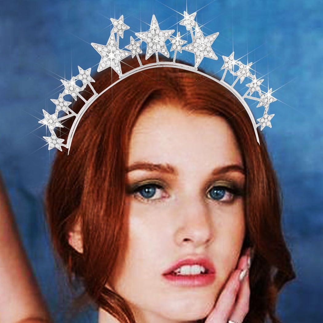 CAKURE CAKURE Star Halo Crown Headband Silver Rhinestone Celestial Wedding Tiaras Crystal Mary Headpiece Party Wedding Hair Accessories for Women and Girls