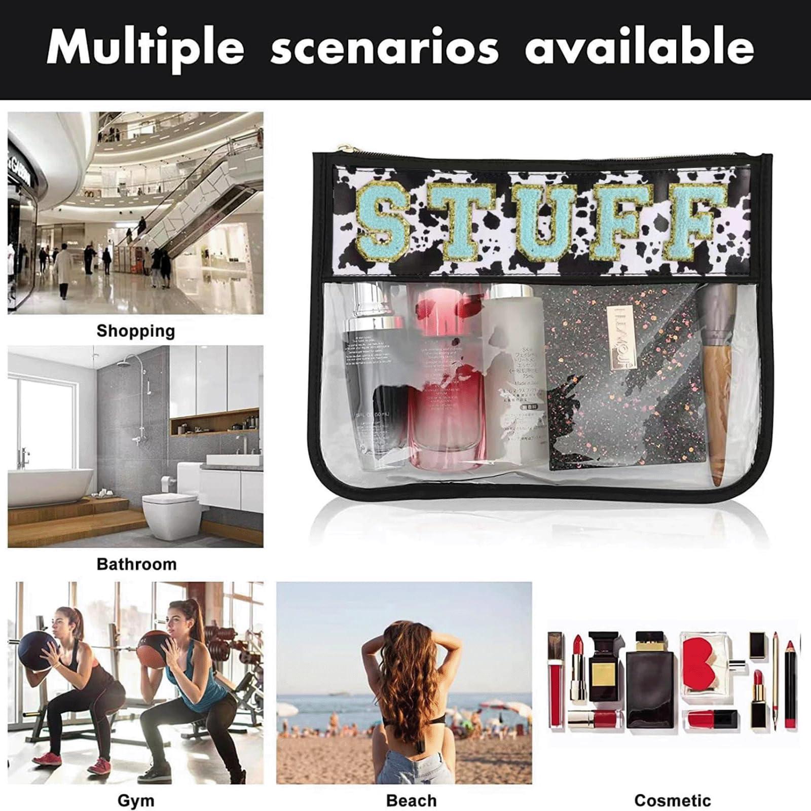 LOTUSTAR LOTUSTAR Clear Makeup Letter Patch Bag Travel Toiletry Bag Clear Cosmetic Bags Stuff Snacks Pouch for Gym Stadium Beach (Cow,Stuff)