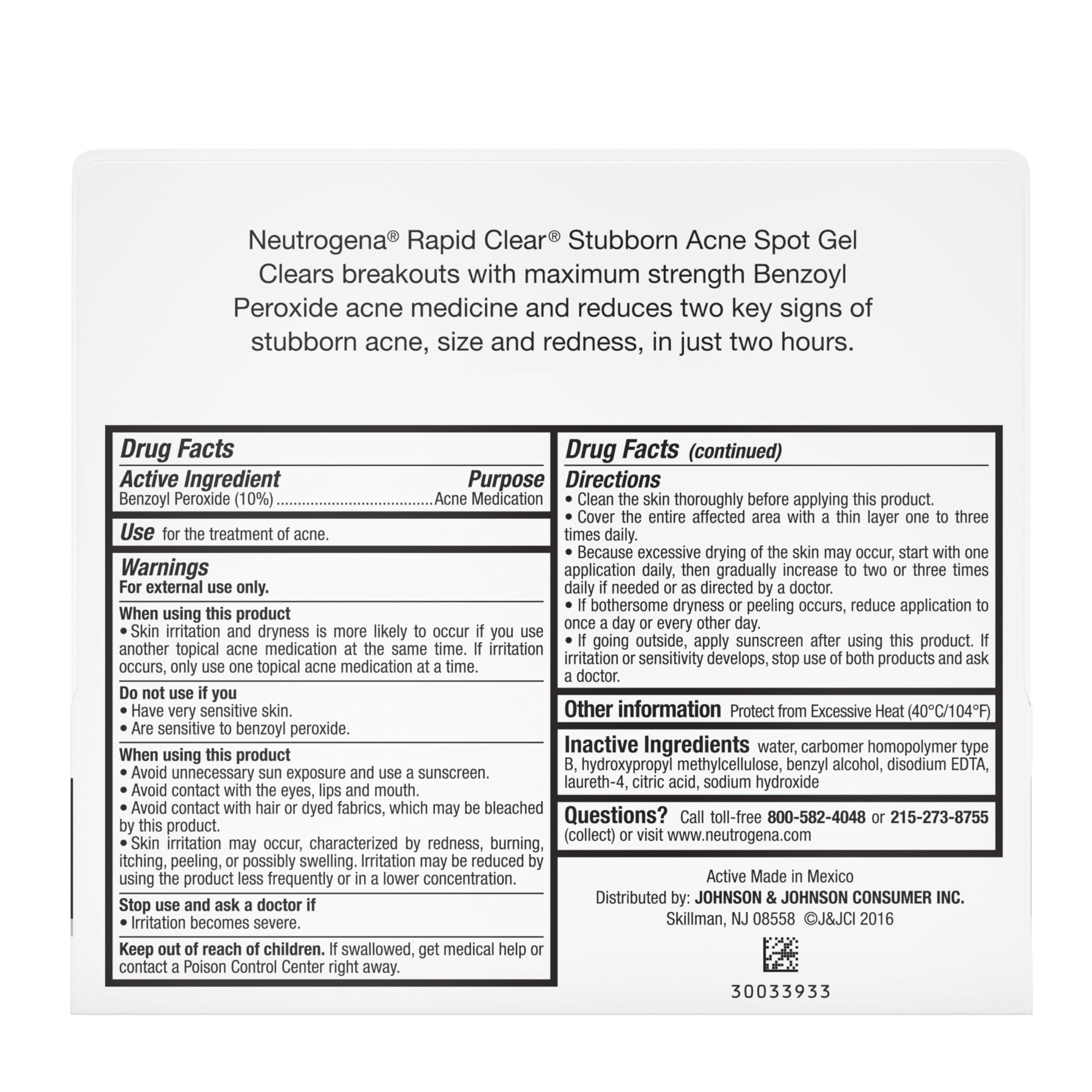 Neutrogena Neutrogena Rapid Clear Stubborn Acne Spot Treatment Gel with Maximum Strength 10% Benzoyl Peroxide Acne Treatment Medication, Pimple Cream for Acne Prone Skin Care, 1 oz, 2 Pack