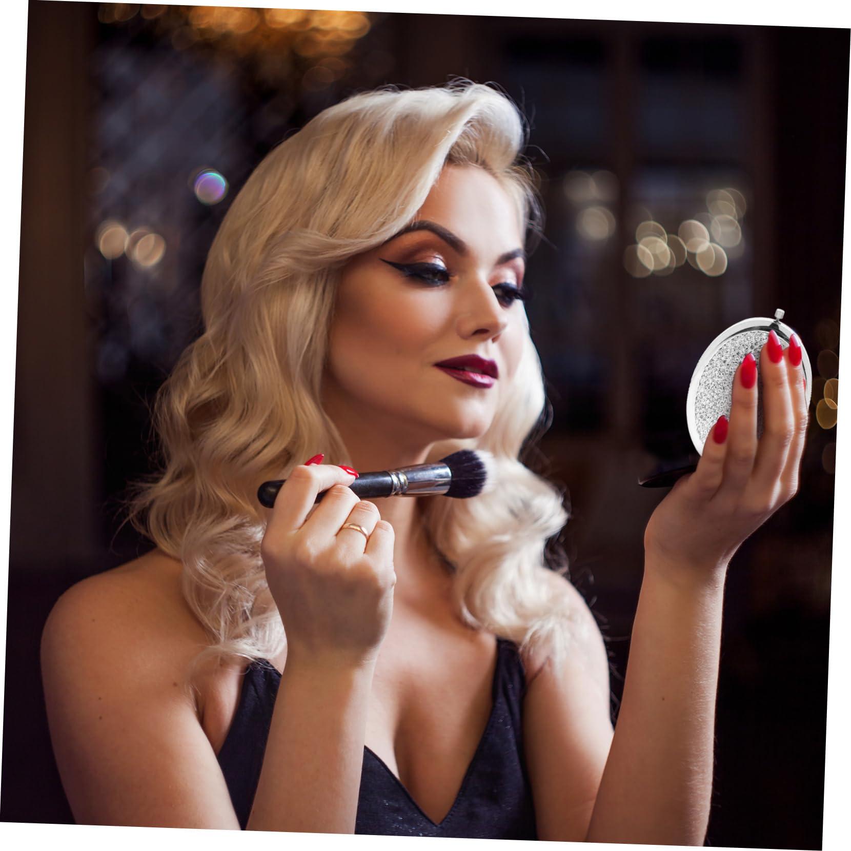 LALAFINA LALAFINA 1pc Bling Compact Mirror Pocket Rhinestone Makeup Mirror Double-Sided Cosmetic Mirror Round Folding Mirror for Women Travel Daily Use, White