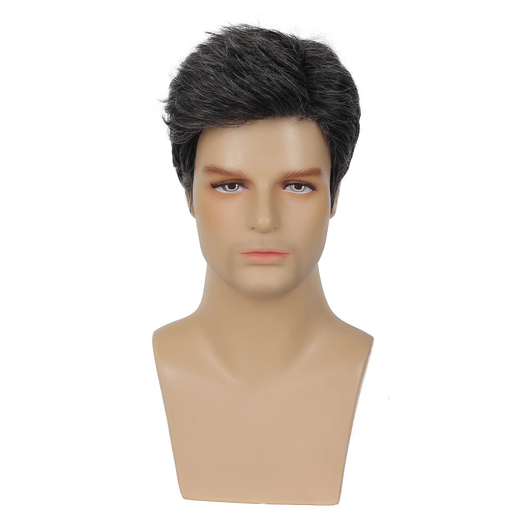 Sallcks Sallcks Mens Short Black Grey Wig Natural Layered Costume Halloween Wigs Synthetic Heat Resistant Hair Replacement Wigs for Male Guys (Black Mixed Grey)