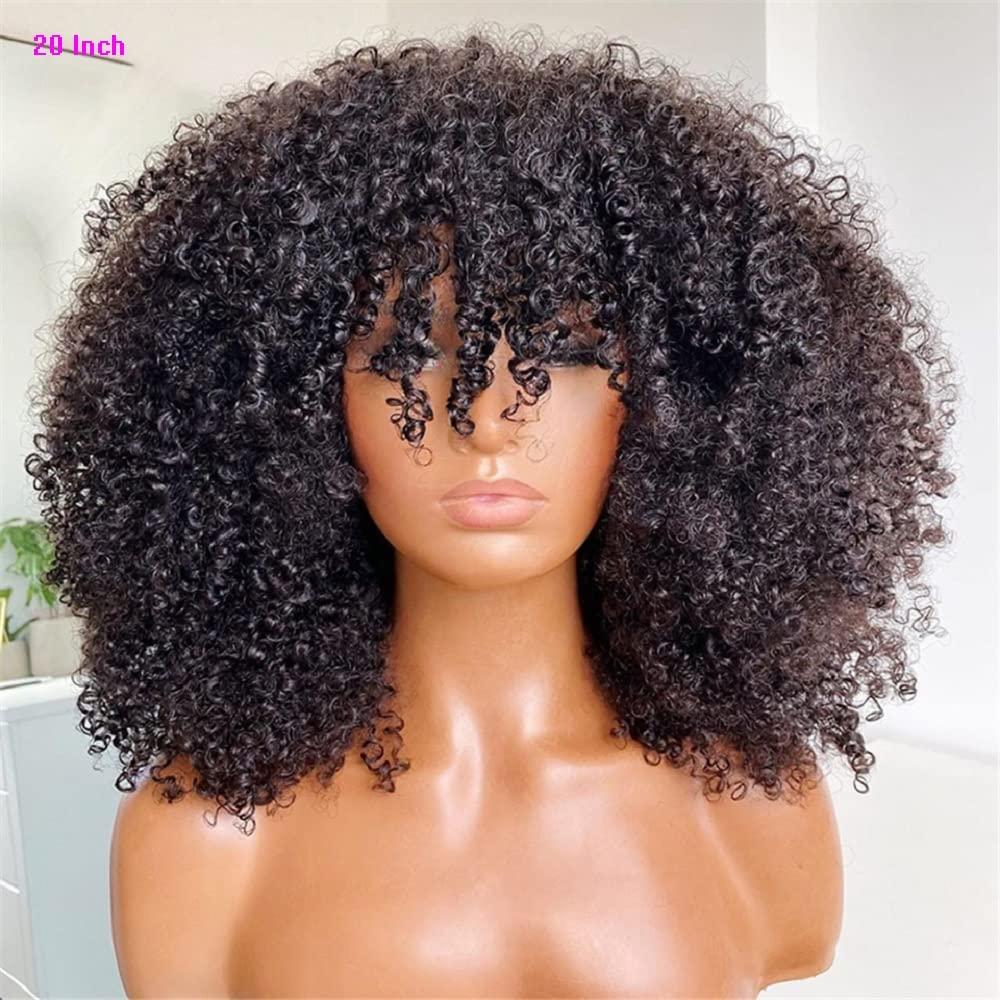 Fabutio Afro Kinky Curly Mongolian Human Hair Wig For Black Women 200% Density Glueless Bob Fake Scalp Wig Natural Black Brazilian Hair Fringe Unit Thick Girls African Hairstyle 24 Inch