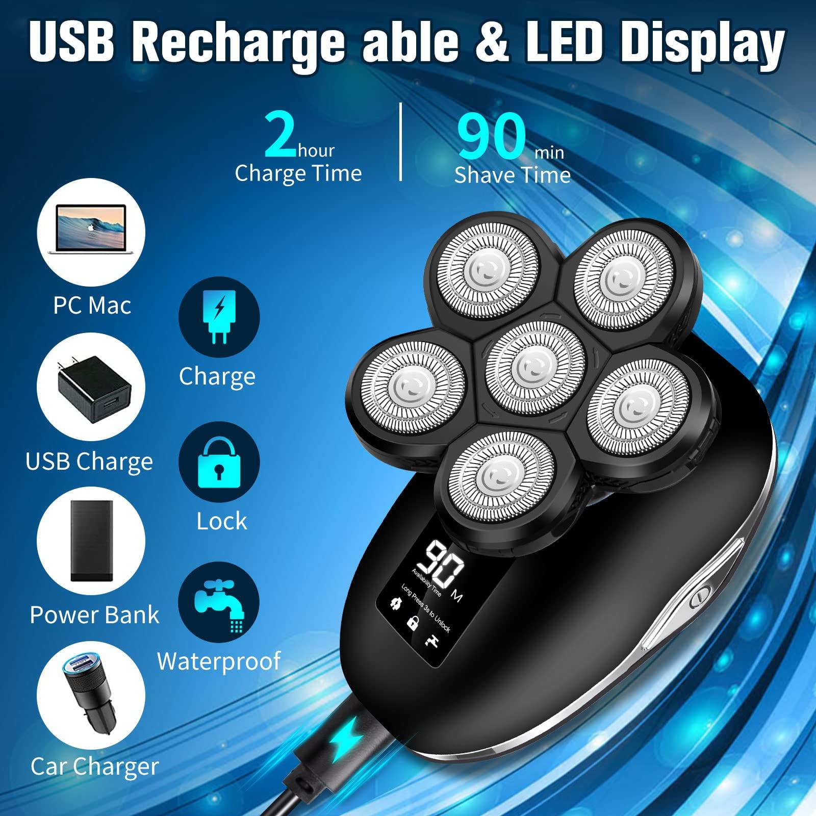 Sakioo Electric Head Shaver for Bald Men, 6 in 1 Mens Electric Head Razor Bald Head Shaver Cordless Electric Razor Men, IPX7 Wet/Dry Waterproof Skull Shaver with Head Shaver Kit LED Display