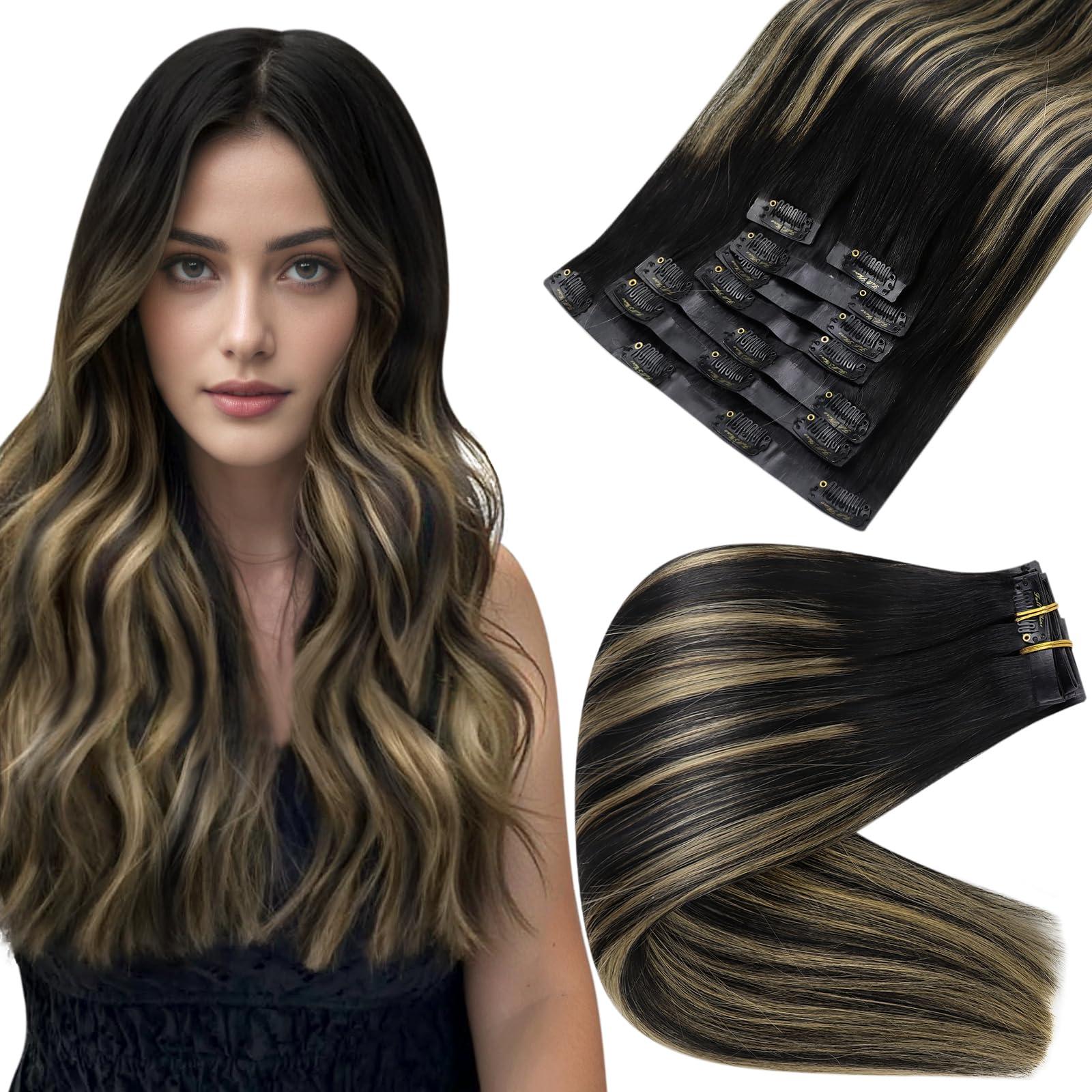Full Shine Full Shine Human Hair Extensions Balayage Clip in Hair Extensions Off Black to Black With Caramel Blonde Hair Extensions Real Human Hair PU Weft Straight Black Blonde Hair Extensions 120Grams 18 Inch