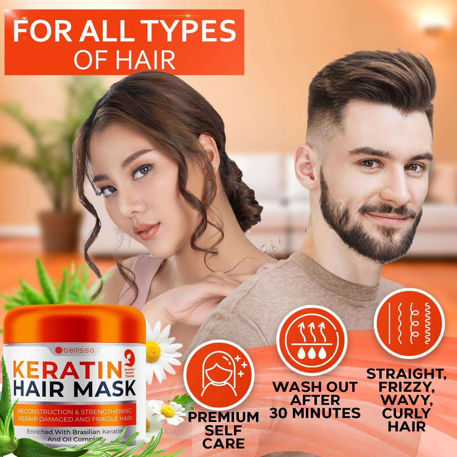 BELLISSO Keratin Hair Mask - Sulfate Free Hydrating Deep Conditioner Treatment for Dry, Damaged and Split Ends - Moisture for Frizzy and Curly Hair - For Women and Men - Moisturizer Care to Repair Damage