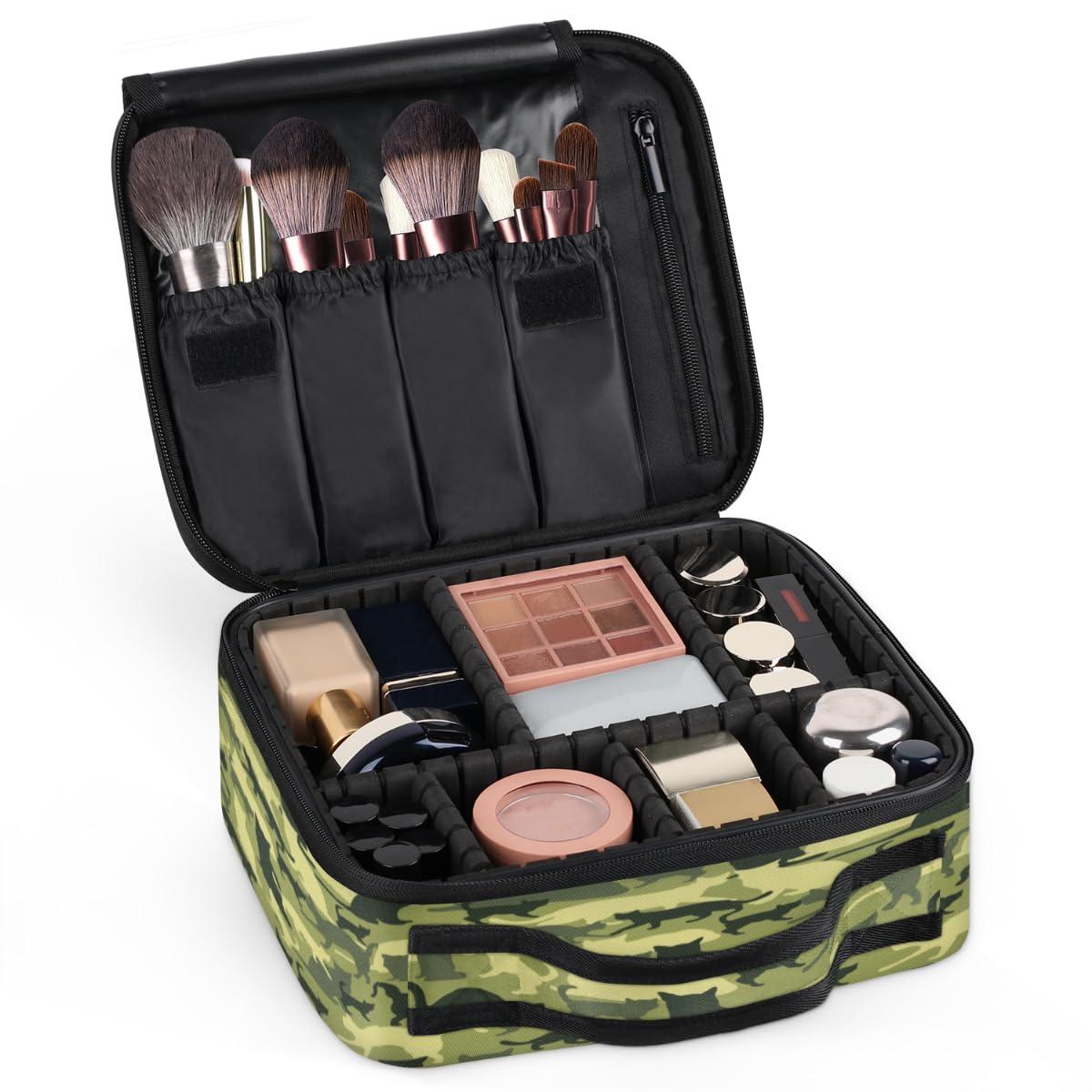 QsirBC QsirBC Makeup Train Case with Adjustable Dividers, Portable Make Up Bag for Women, Toiletry Bag for Men with Waterproof Brush Cover, Cat Camouflage Travel Makeup Organizer Makeup Box