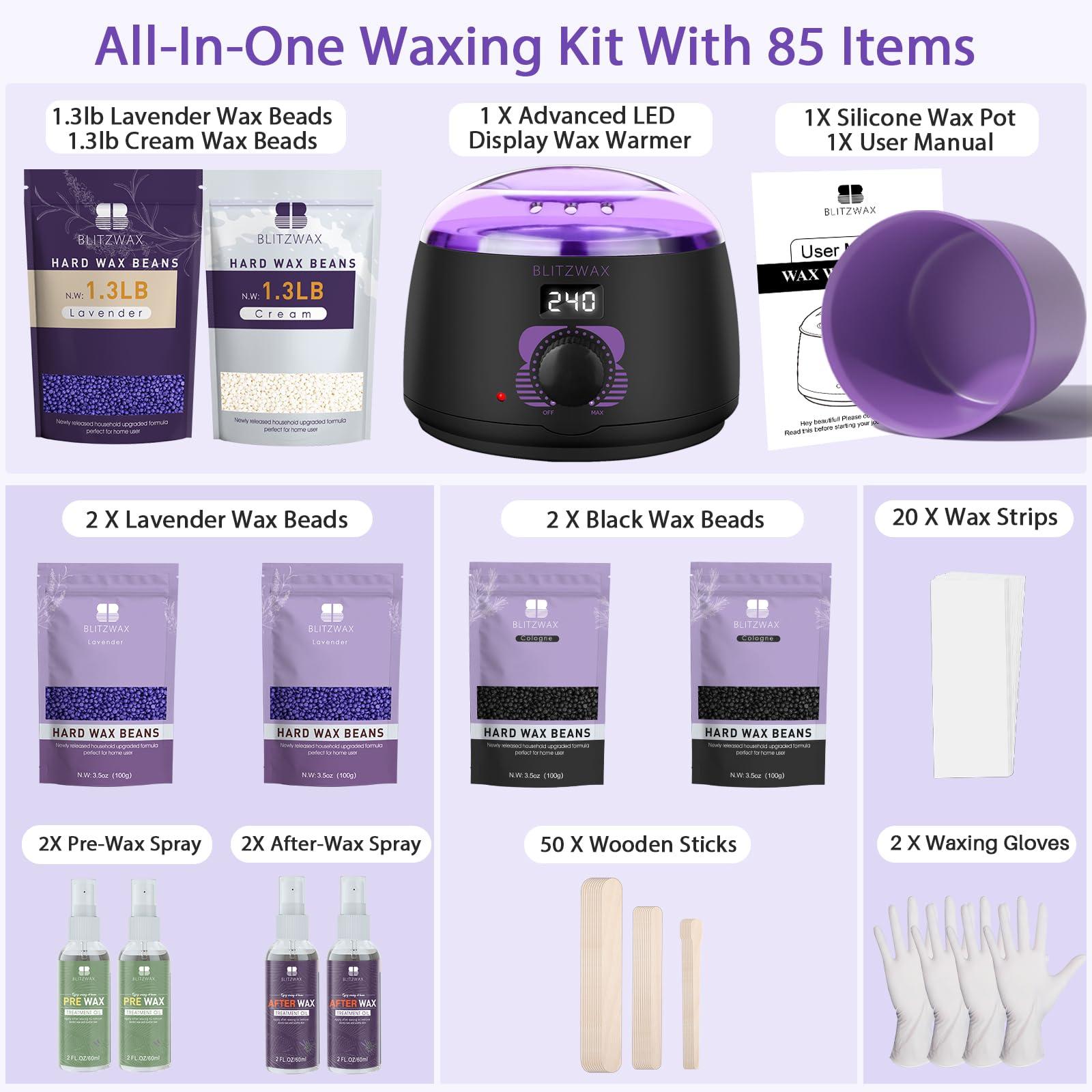 BLITZWAX BLITZWAX Digital Waxing Kit for Women and Men Hair Removal with 1.3lbs Lavender&1.3lbs Cream Wax Beans for Eyebrow, Body, Brazilian, Bkini and Sensitive Skin, Hot Wax Beads Kit for Home and Salon Use