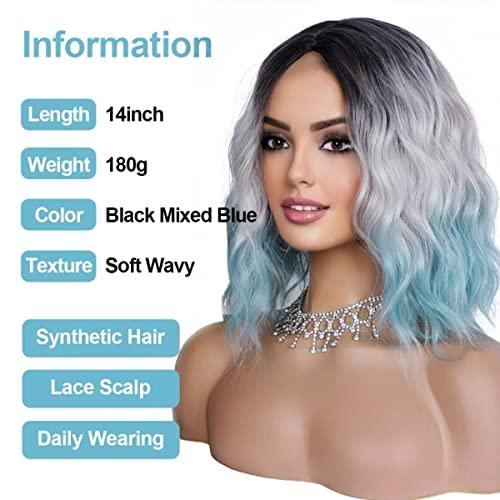 Civrie Civrie Ombre Blue Wig Short Bob Wigs for Women, Dark Roots Short Wavy Grey Wigs, Synthetic Heat Resistant Cosplay Wigs