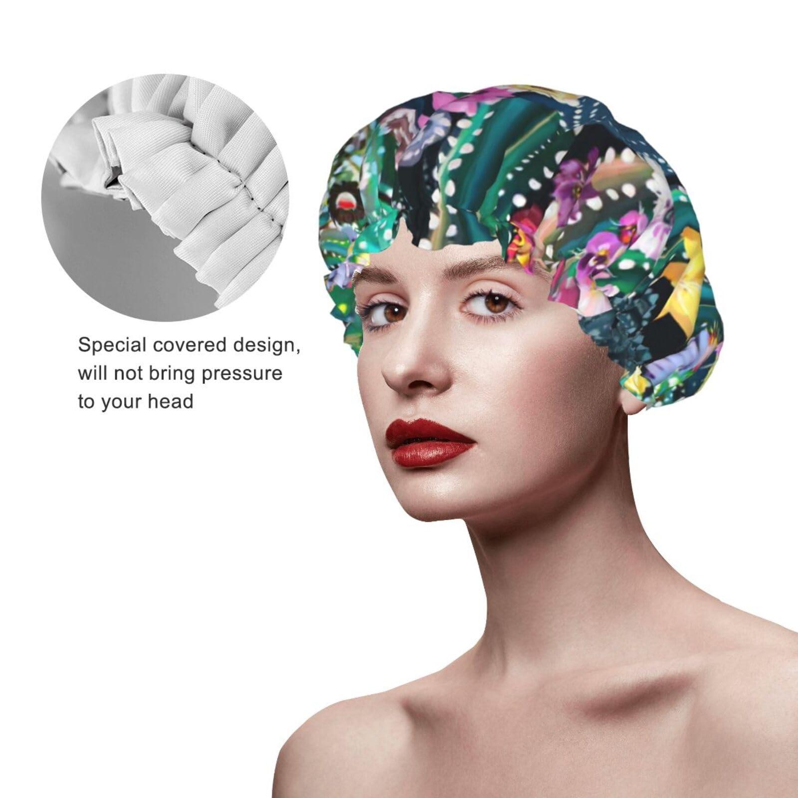 WURTON WURTON Blooming Cactus Print Soft Shower Cap for Women, Reusable Environmental Protection Hair Bath Caps