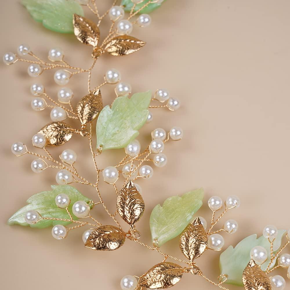 Teyglen Teyglen Bridal Wedding Green Leaf Headband Hair Vine Handmade Gold Pearl Headpieces Hair Pieces for Bride Wedding Hair Accessories for Women Girl