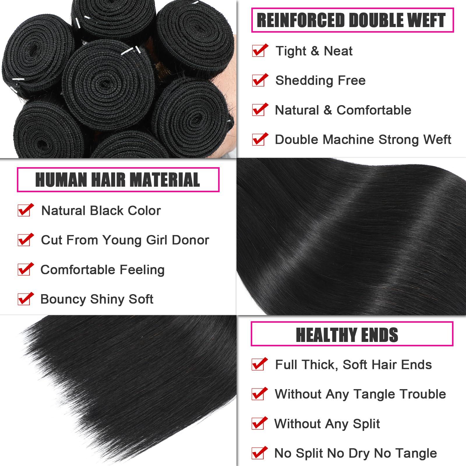 NROOEAY NROOEAY Straight Bundles Human Hair 12 14 16 Inch 3 Bundles Human Hair 100% Unprocessed Brazilian Virgin Weave Human Hair Bundles Straight Natural Black Color