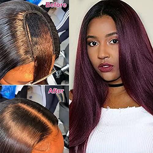 UMRHair 10inch Straight U Part Wig Human Hair 1B/99J Burgundy Ombre U Part Wig 180% Colored 4x1inch Small Leave Out Middle Part Wine Red Upart Wig Full Head Clip in Half Wig None Lace Wigs for Black Women