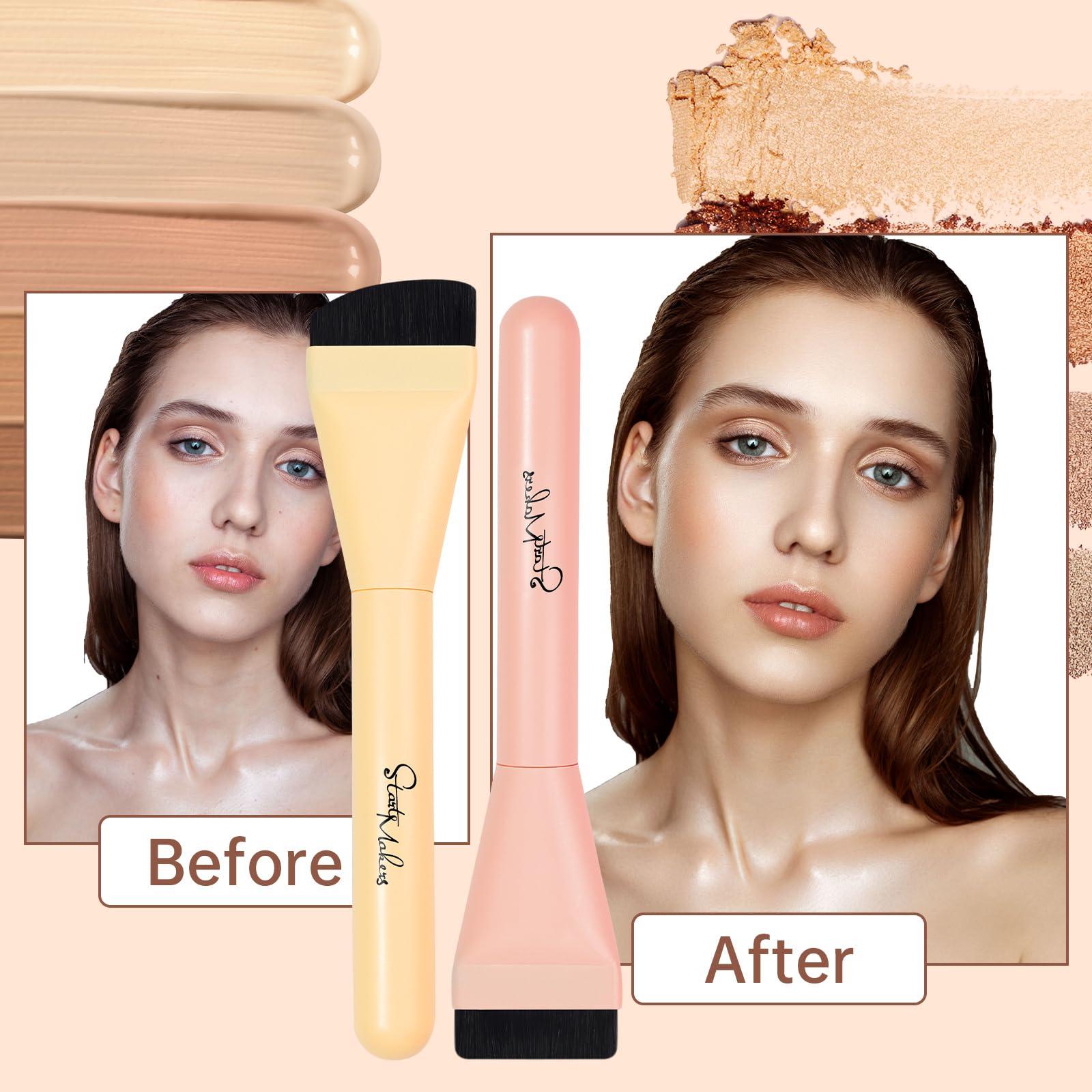 START MAKERS START MAKERS 2Pcs Ultra Thin Foundation Brushes, Flat Top & Angled Head Liquid Cream Foundation Makeup Brush Face Mask Brushes Tools, Pink & Yellow