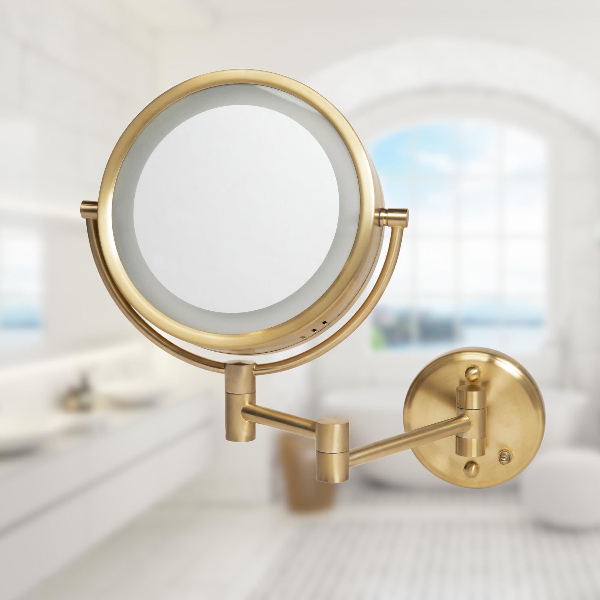 JERDON JERDON Wall-Mounted Makeup Mirror with Lights - Direct Wire Lighted Makeup Mirror with 8X Magnification - 8.5-inch Diameter Mirror with Gold Finish Wall Mount - Model HL75BGD