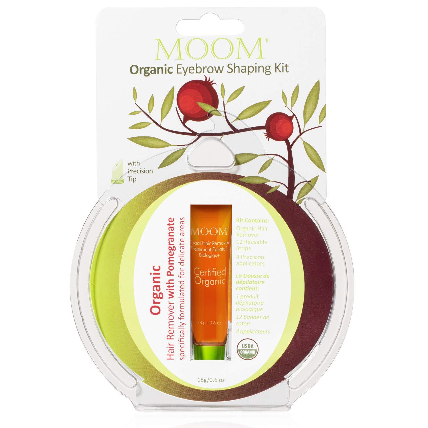 MOOM MOOM Organic Eyebrow Waxing Kit with Pomegranate Oil & Chamomile - Natural Sugar Hair Removal Glaze with 12 Reusable Strips & 4 Applicators for Sculpting 0.6 oz. 1 Pack