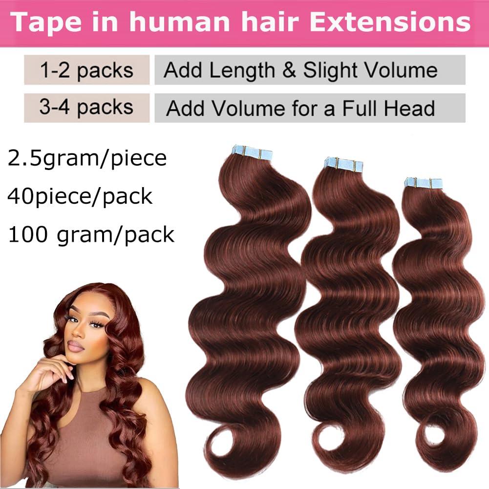 Kiss darling LASHES Body Wave on Hair Extensions Real Human Hair #33 Dark Auburn Human HairExtensions Long Wavy Invisible Double Sided Reusable PU Skin Weft 100g/40pcs Full Head 26inch