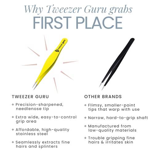 TWEEZER GURU Tweezer Guru Pointed Tweezers - Sharp Precision Needle Nose Tip, Best Tweezers for Eyebrows and Ingrown Hair, Surgical Pointed for Blackheads & Splinters (Yellow)