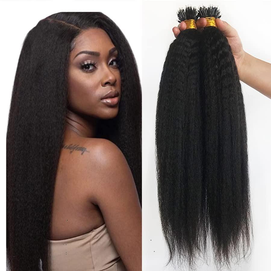TPFHR Kinky Straight Nano Ring Human Hair Extension Micro Link Brazilian Remy Nano Tip Hair Coarse Italian Yaki For Black Women 100g 100strands (20inch 100strands, 1(Jet Black))